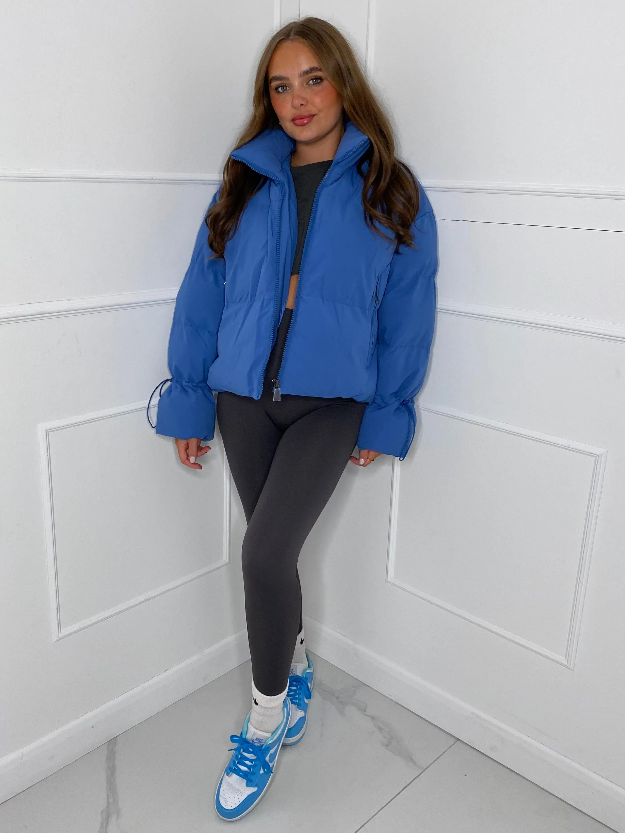 Short Tie Cuff Detail Puffer Jacket- Blue