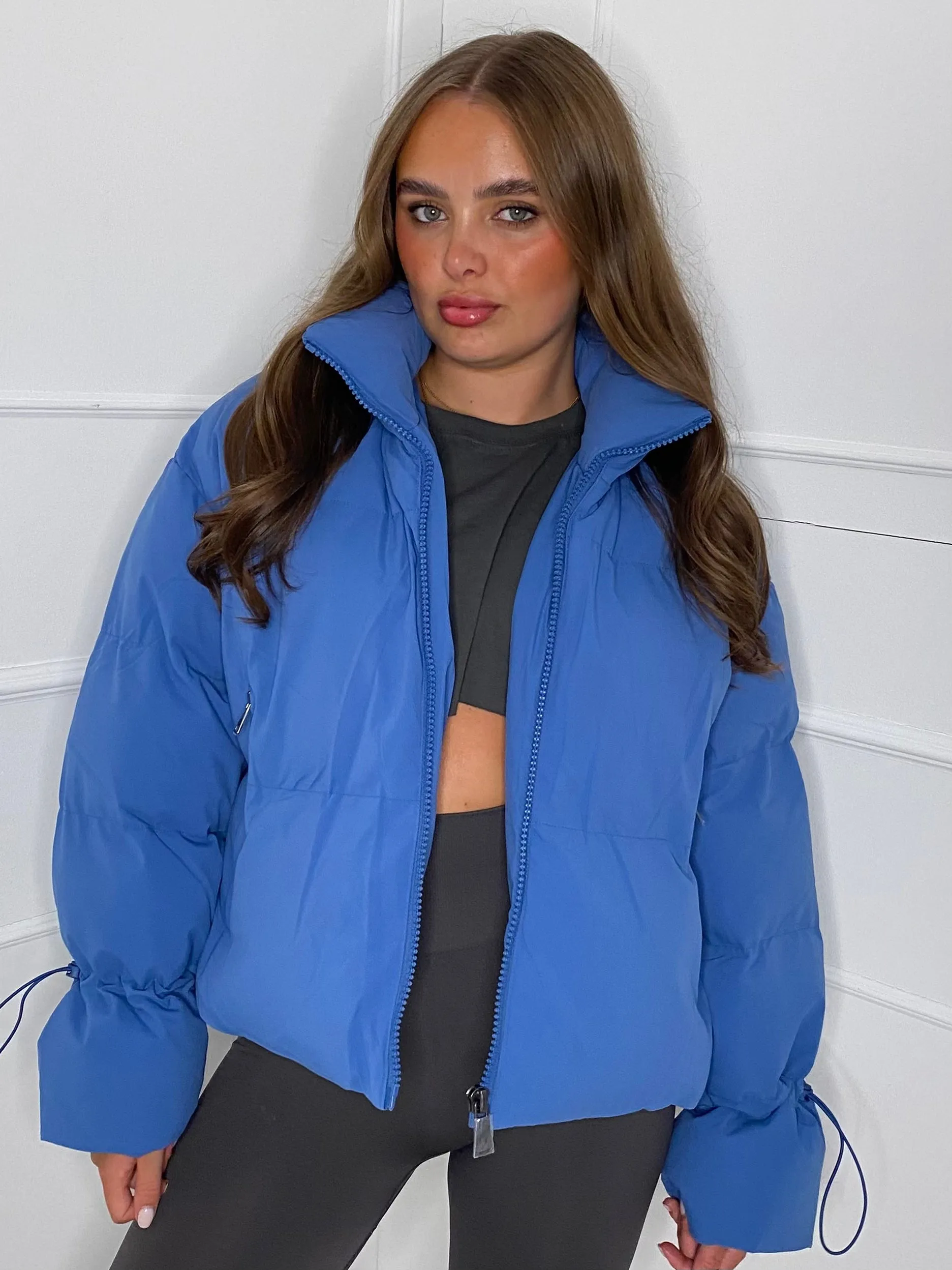 Short Tie Cuff Detail Puffer Jacket- Blue