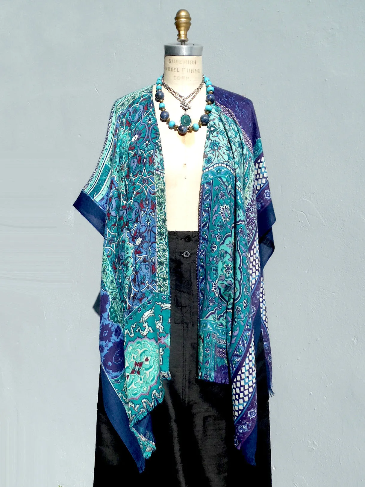 Silk Cashmere Kimono Cape Navy Turquoise Ivory