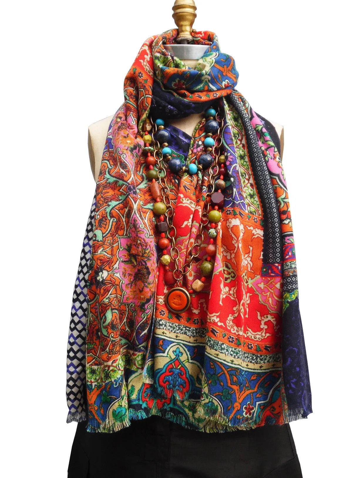 Silk Cashmere Kimono Cape Navy Turquoise Ivory