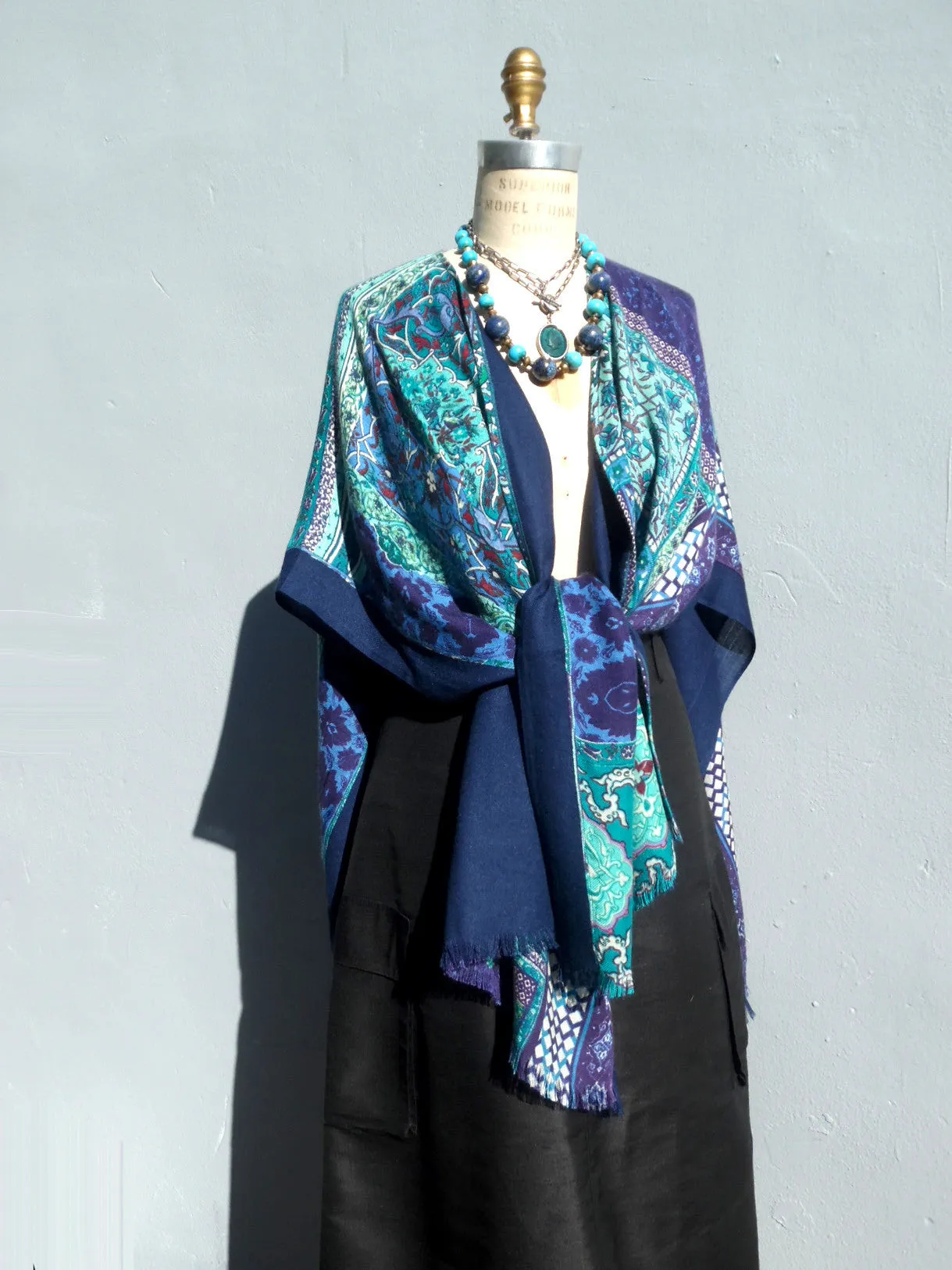 Silk Cashmere Kimono Cape Navy Turquoise Ivory