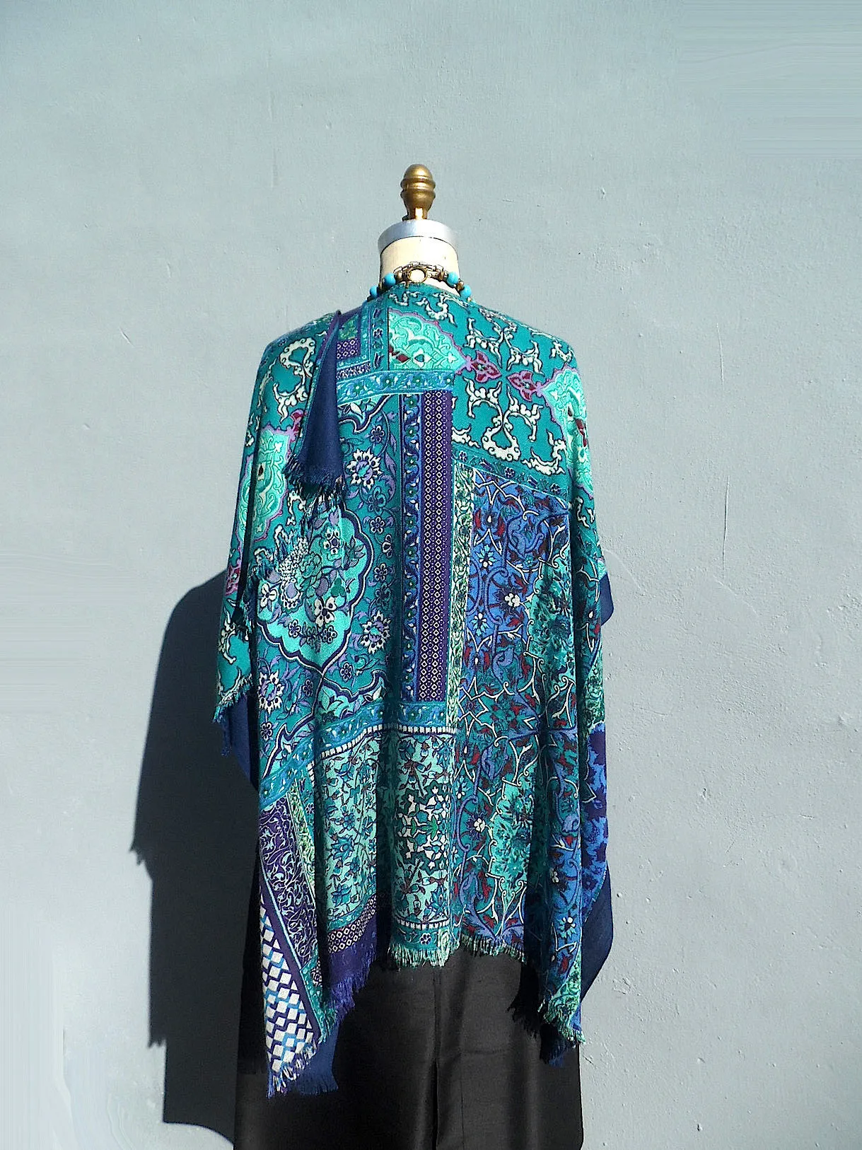Silk Cashmere Kimono Cape Navy Turquoise Ivory