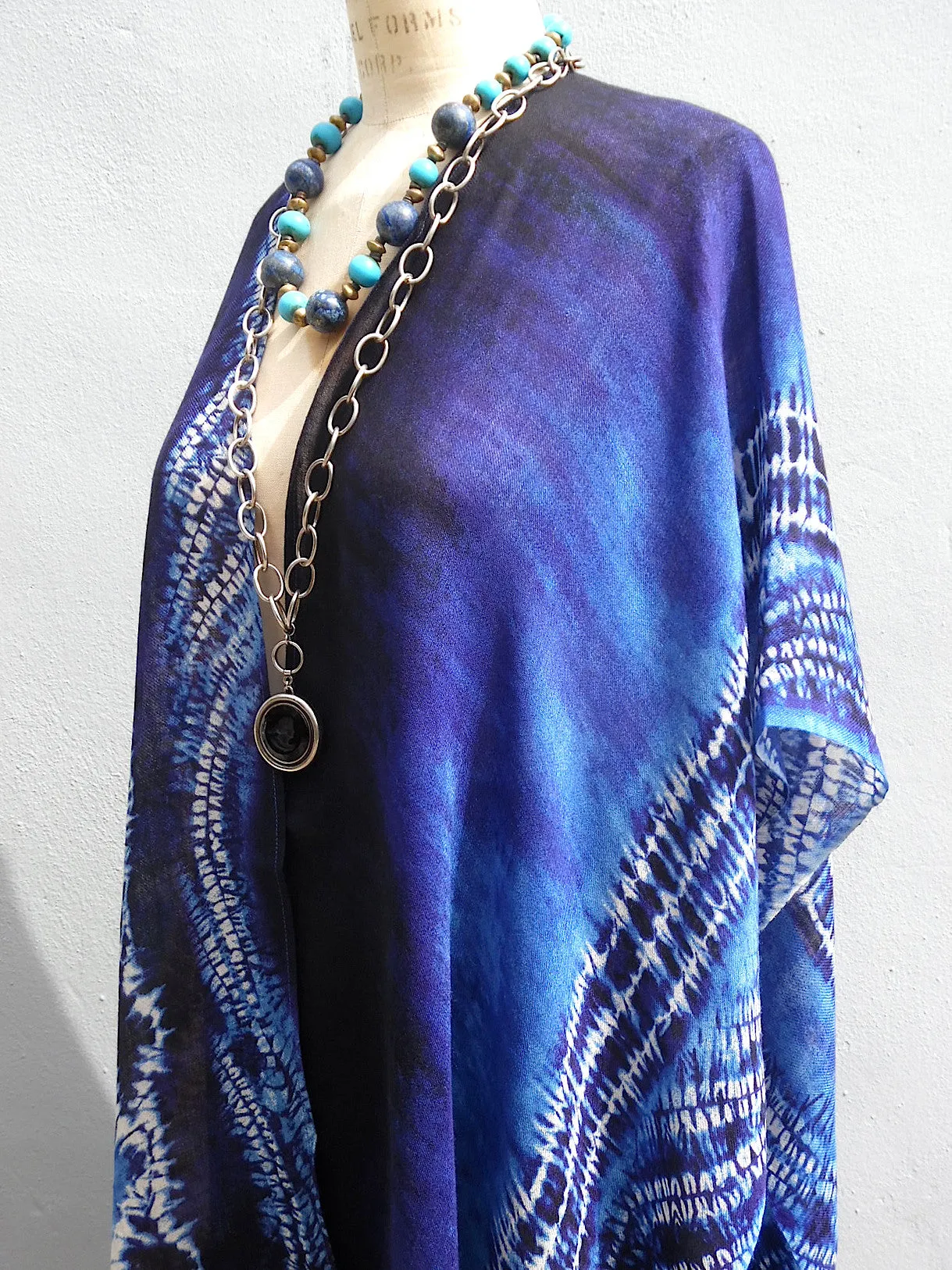Silk Cashmere Kimono Cape Navy Turquoise Ivory