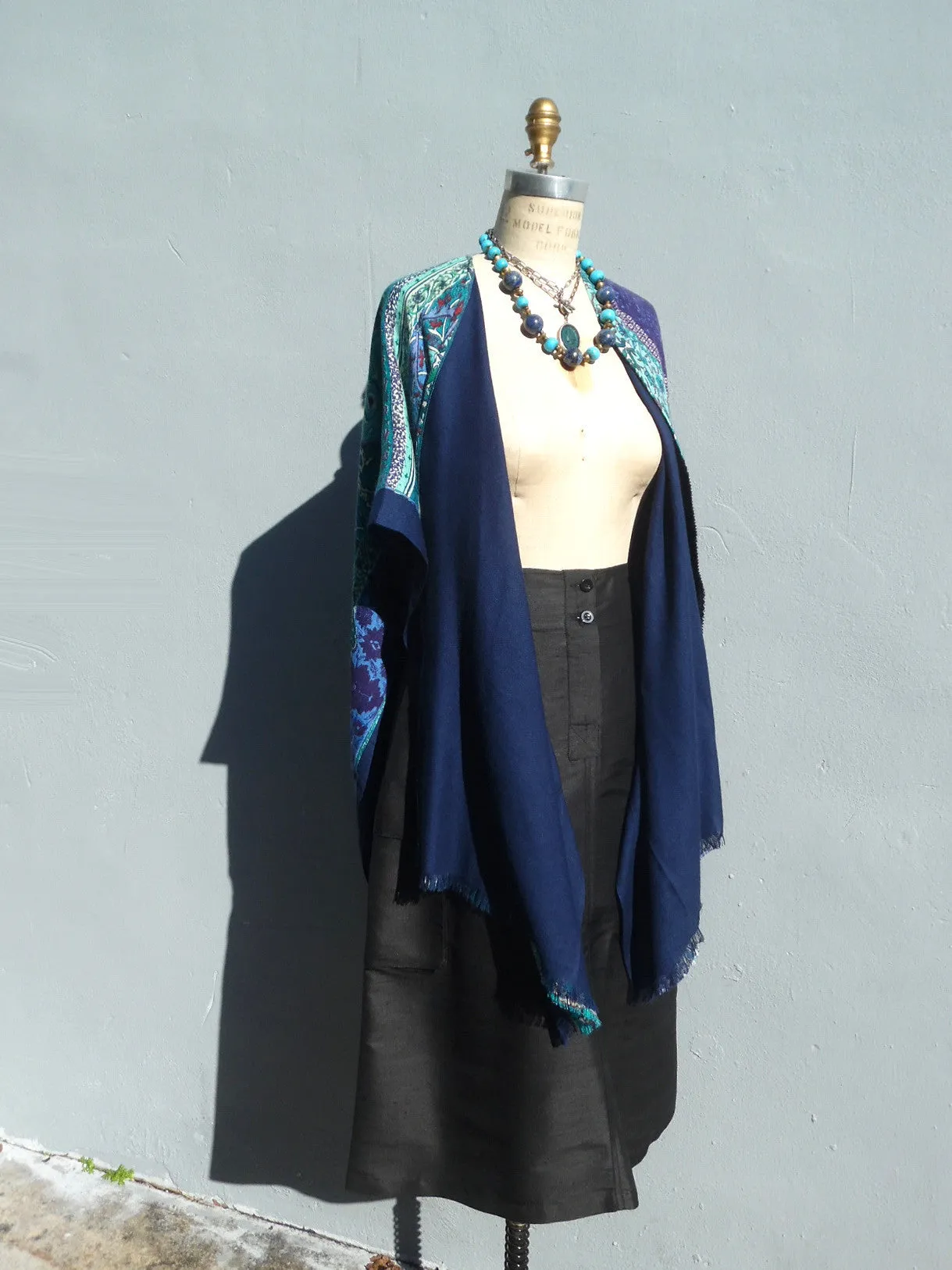 Silk Cashmere Kimono Cape Navy Turquoise Ivory