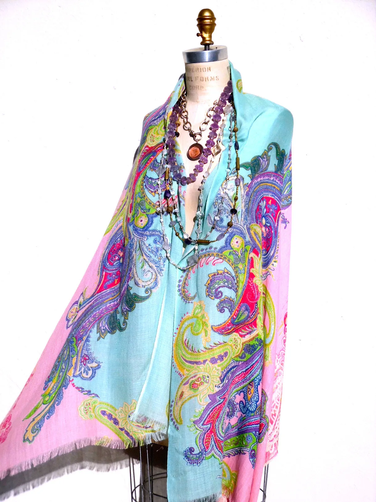 Silk Cashmere Kimono Cape Navy Turquoise Ivory