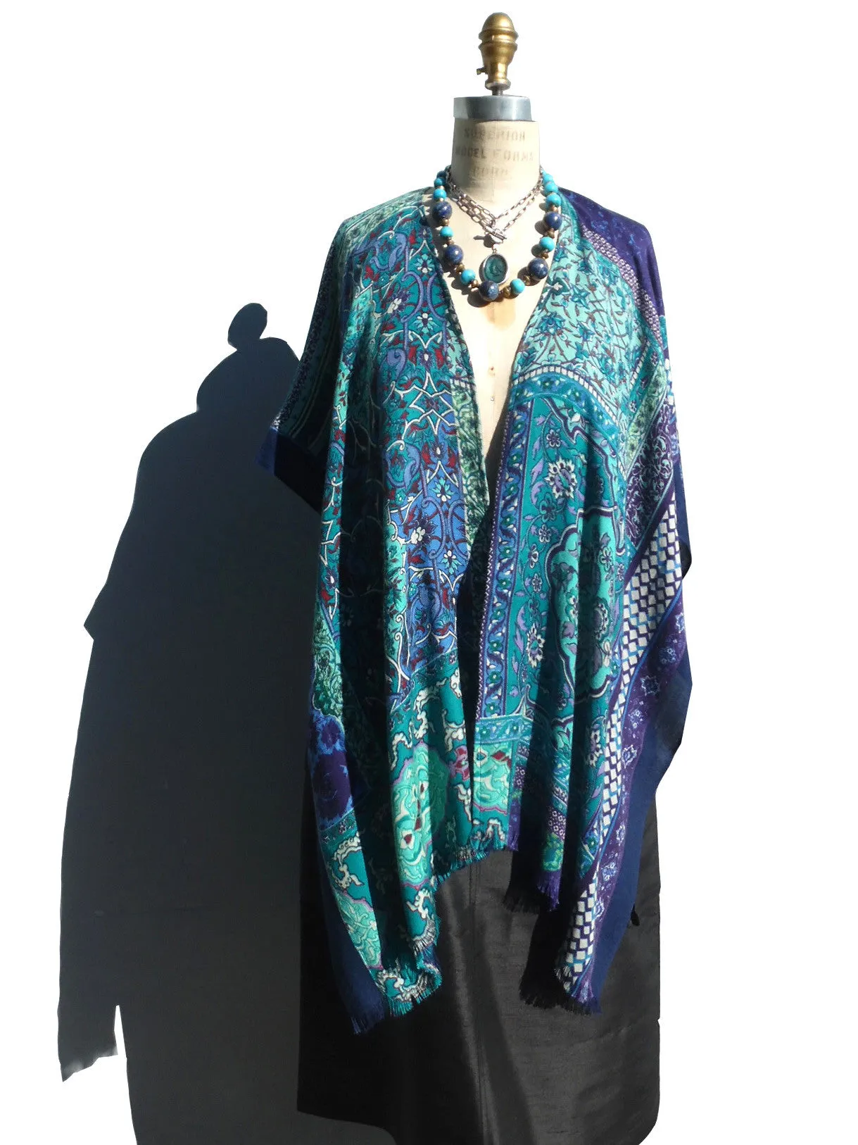 Silk Cashmere Kimono Cape Navy Turquoise Ivory