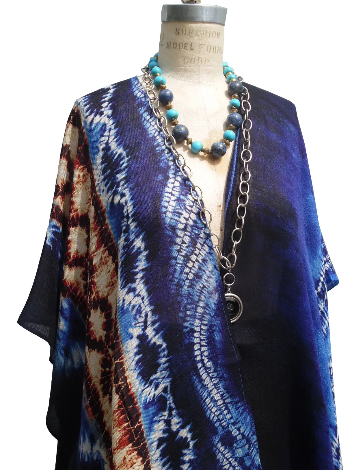 Silk Cashmere Kimono Cape Navy Turquoise Ivory