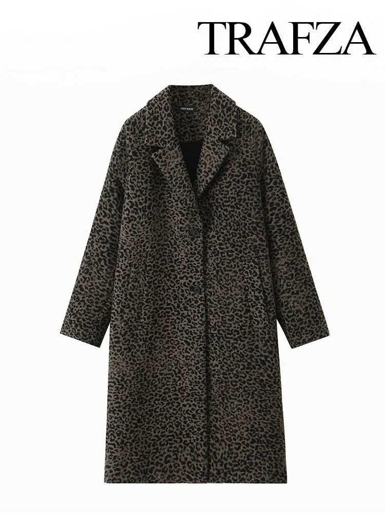 Trafza Frauen elegante Revers Tasche einreihig Design lässig schlanken Mantel Frau Herbst Leoparden muster lange Ärmel losen Mantel