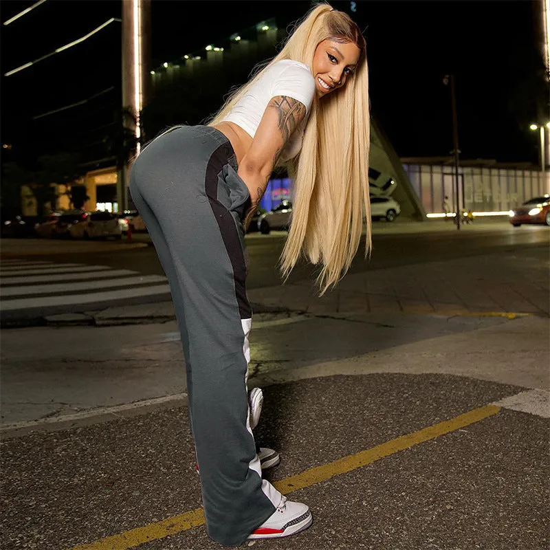 Women Clothing Autumn Winter Printed Stitching Contrast Color Pocket Sweatpants Casual Pants Trousers for Women