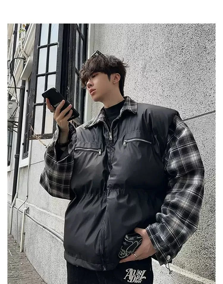 Woo Plaid Sleeves & Collar Puffer Jacket