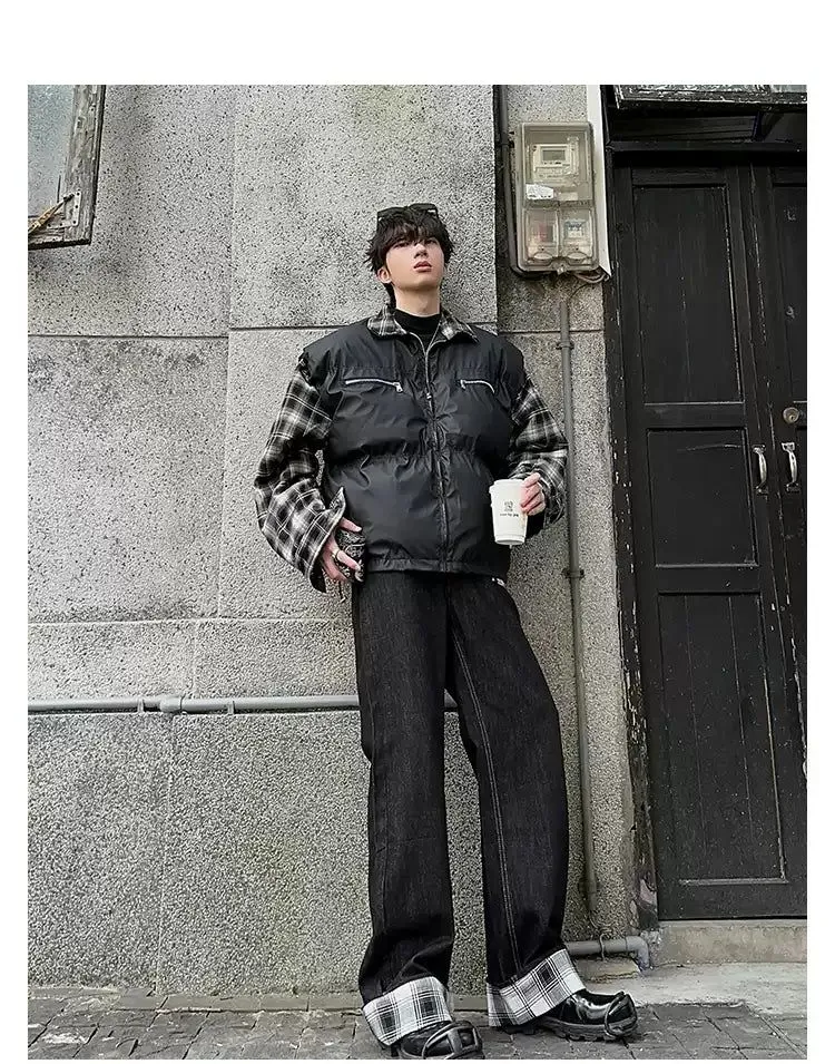 Woo Plaid Sleeves & Collar Puffer Jacket