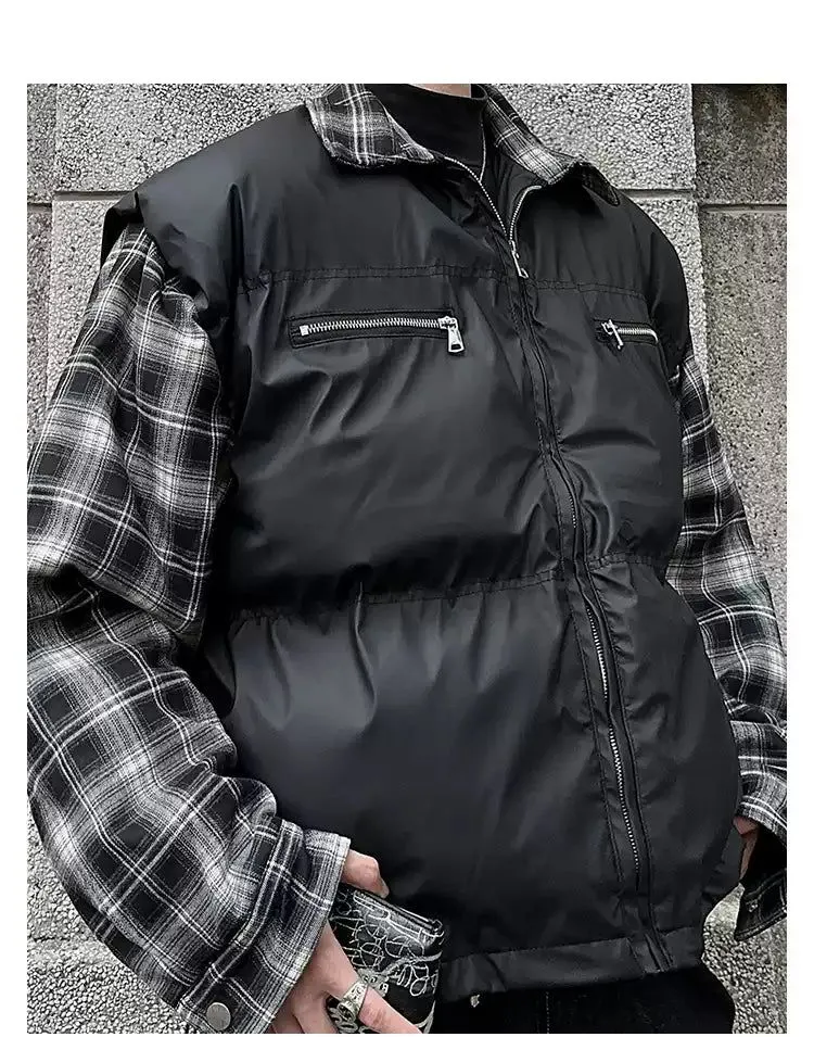 Woo Plaid Sleeves & Collar Puffer Jacket