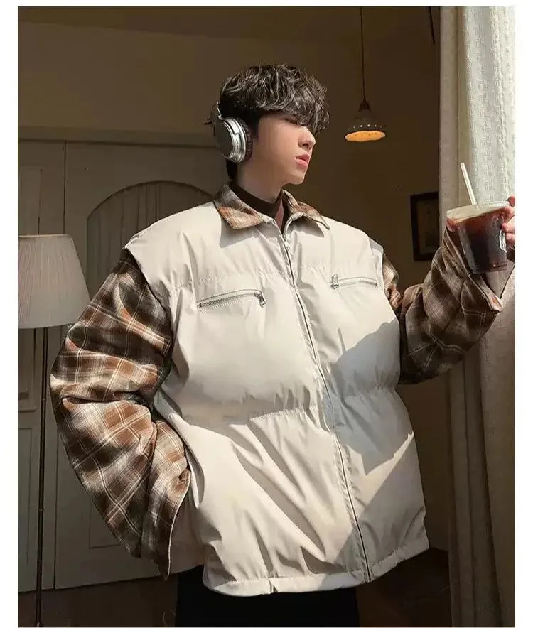 Woo Plaid Sleeves & Collar Puffer Jacket