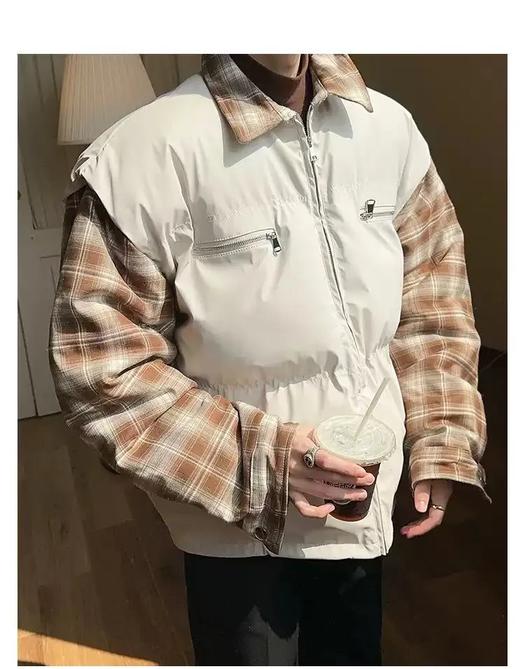 Woo Plaid Sleeves & Collar Puffer Jacket